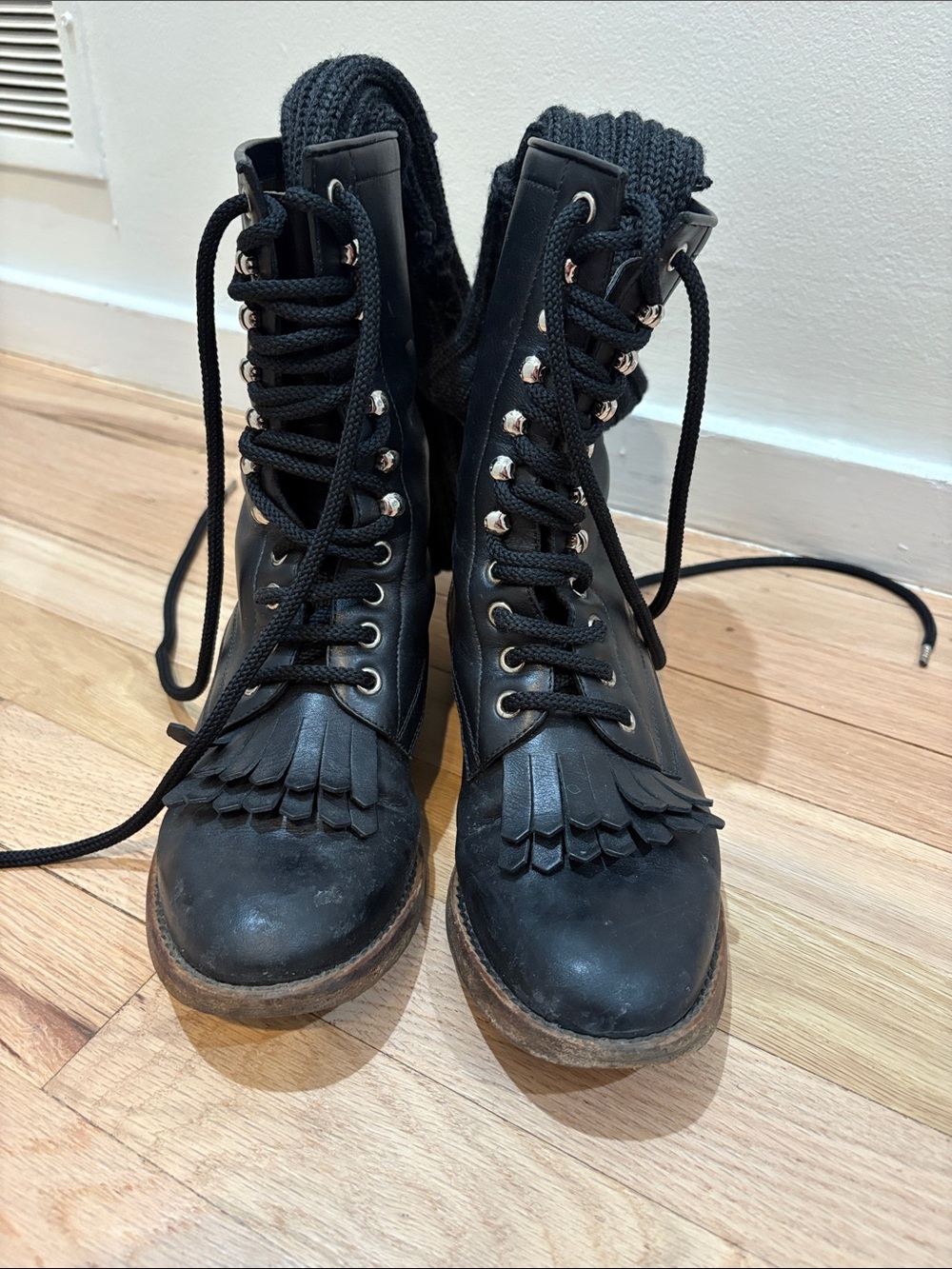 CHANEL Black Leather Lace-Up Combat Boots with Tassel Fringe - Picture 2 of 3
